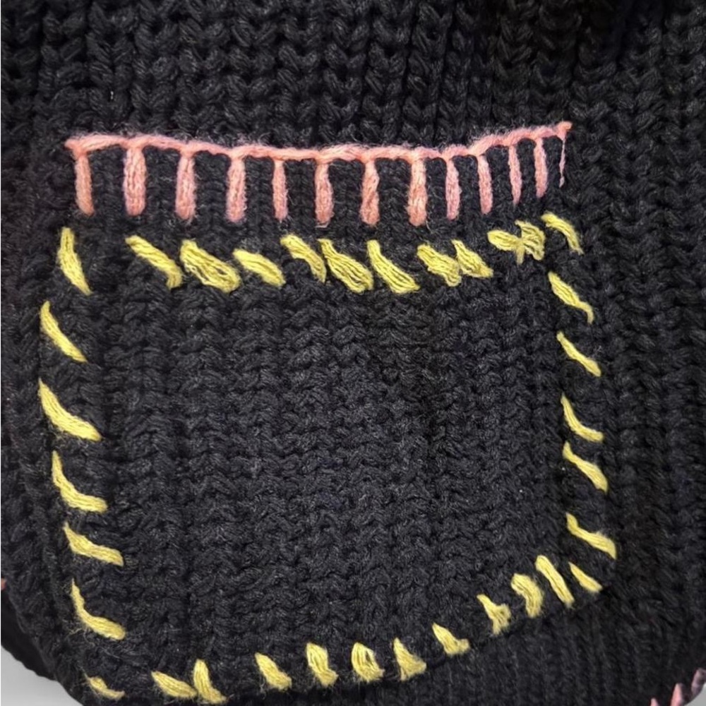 POL Medium Black Chunky Knit Crochet Cardigan Pink & Yellow Whip Stitching NWOT - Picture 6 of 10